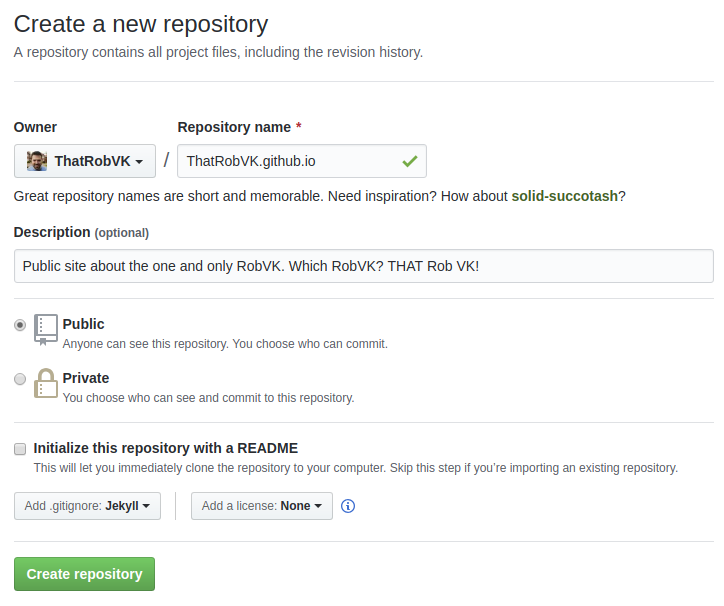 Screenshot of form to create a repository